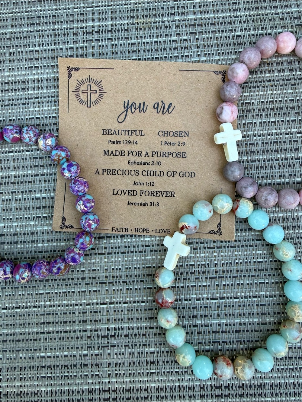 Cross Charm Beaded Stretch Bracelet - Aqua, Purple, or Mauve w/Scripture Card